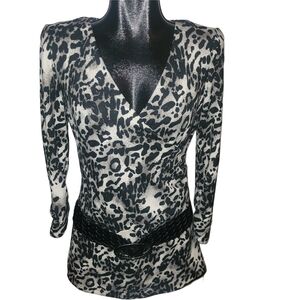 Guilty Leopard Print Faux Wrap Women's Top With Attached Belt L